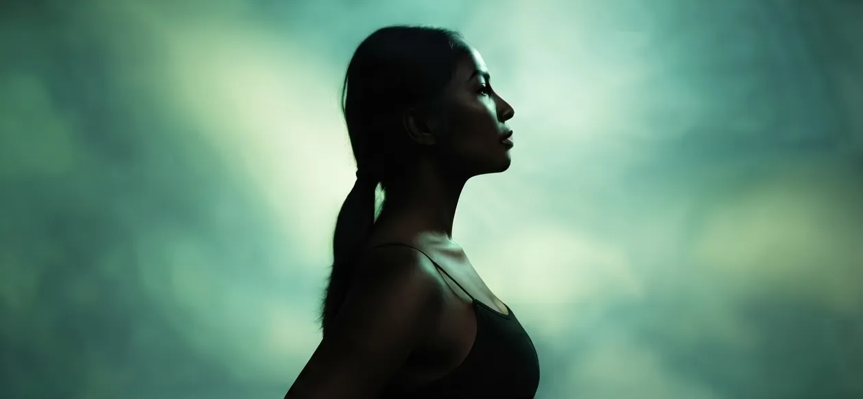 A woman in soft teal light looking ahead